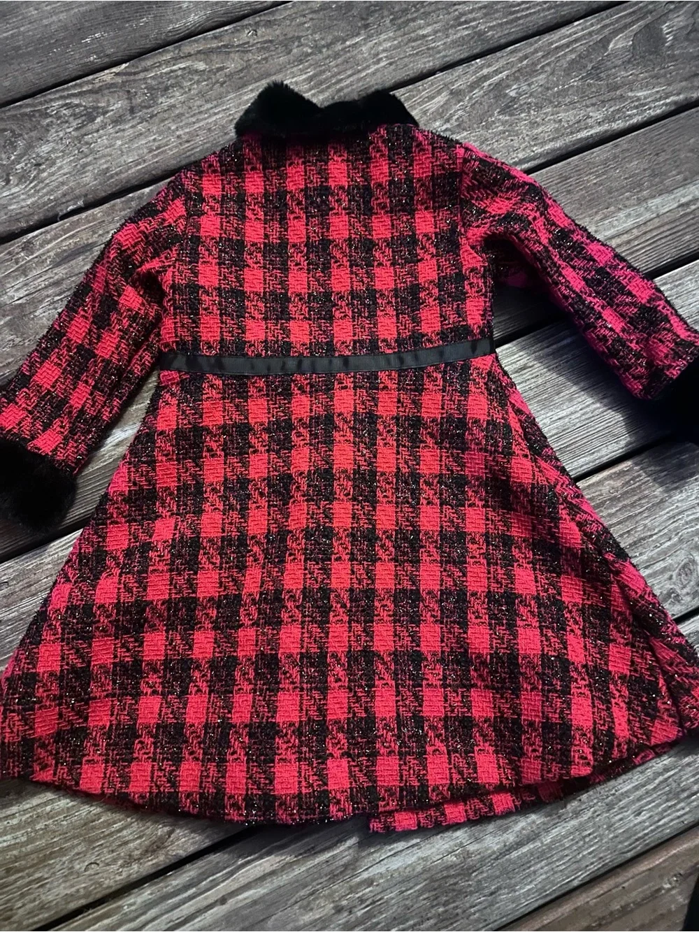 Blueberi Boulevard Black Faux Fur Collar Coat and dress with Red Lining